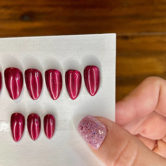 Red Shimmer Polished & Glazed Nails | Short Almond Press On Nails | Winter Mani - Picture 5 of 11